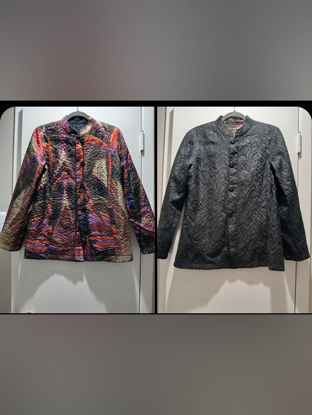 Chico's Reversible Quilted Jacket - Black & Multicolor Abstract